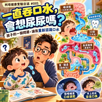 阿塔健康實驗日誌 #001 封面：父子討論吞口水與尿尿，旁邊用水上樂園示意唾液從血液循環到口腔、胃腸再回收的過程