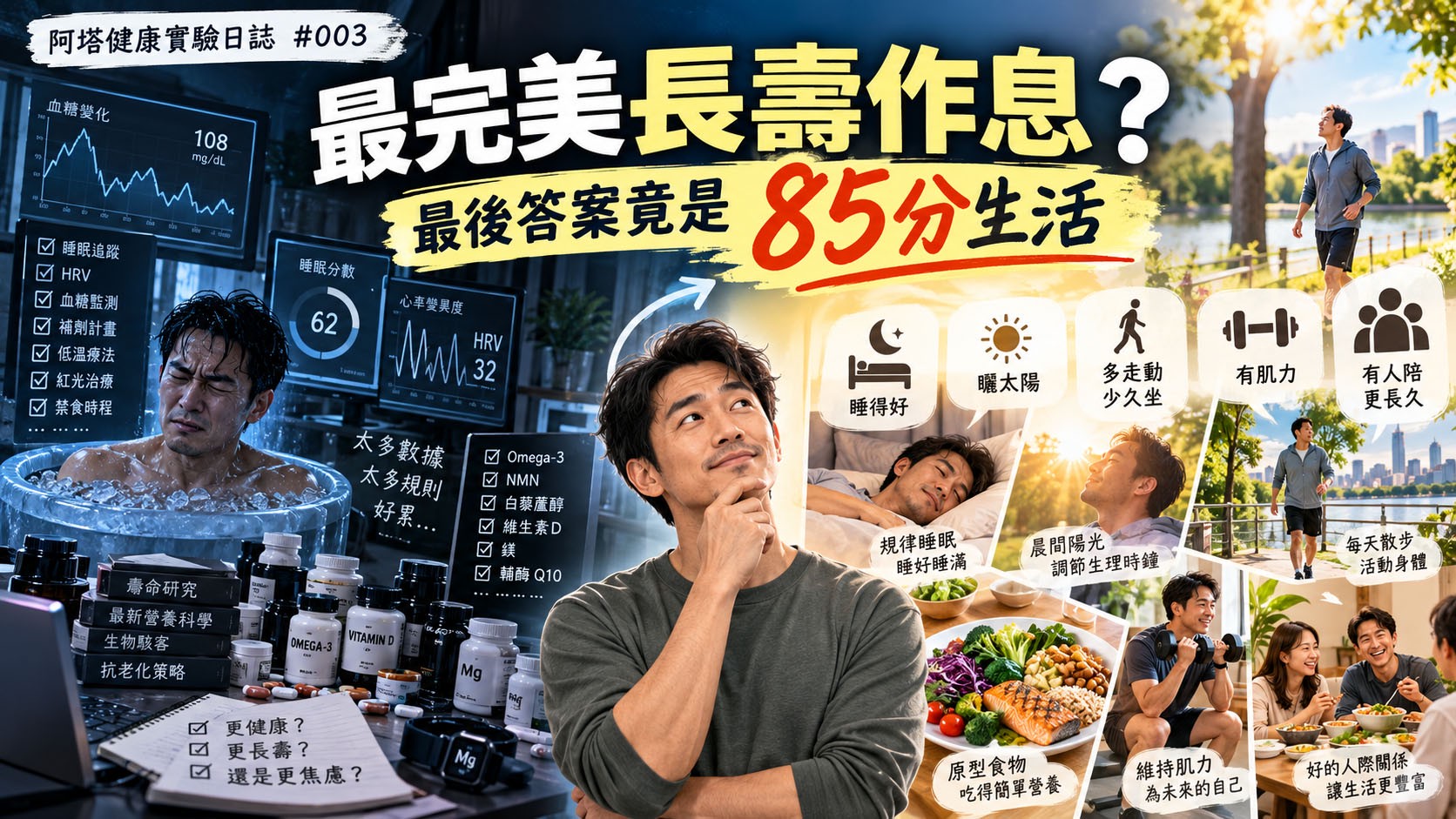 阿塔健康實驗日誌 #003 封面：左側是冰浴、補充品與健康數據監測，右側是睡眠、日照、散步、肌力、原型食物與人際關係，中間寫著最完美長壽作息最後答案竟是85分生活