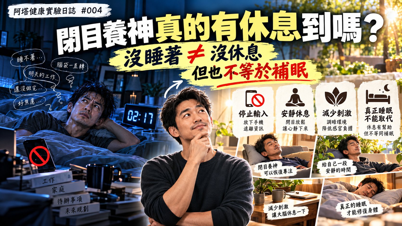 阿塔健康實驗日誌 #004 封面：夜間躺著睡不著與白天閉眼休息的對比，主標題寫著閉目養神真的有休息到嗎，並提醒沒睡著不等於沒休息，但也不等於補眠