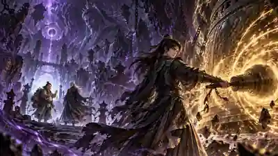 一名年輕修士獨留紫山敲響巨大古鐘，兩名隊友在遠處回望，金色鐘波照亮紫色洞窟