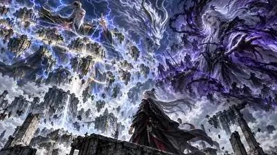 王林站在破碎仙界前景，仰望炎雷子以雷霆煉化浮空碎片，清水在另一側釋放幽暗殺戮氣息