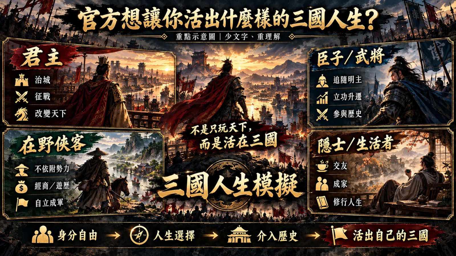 君主、臣子/武將、在野俠客與隱士/生活者,是遊戲想提供的幾種主要三國人生。
