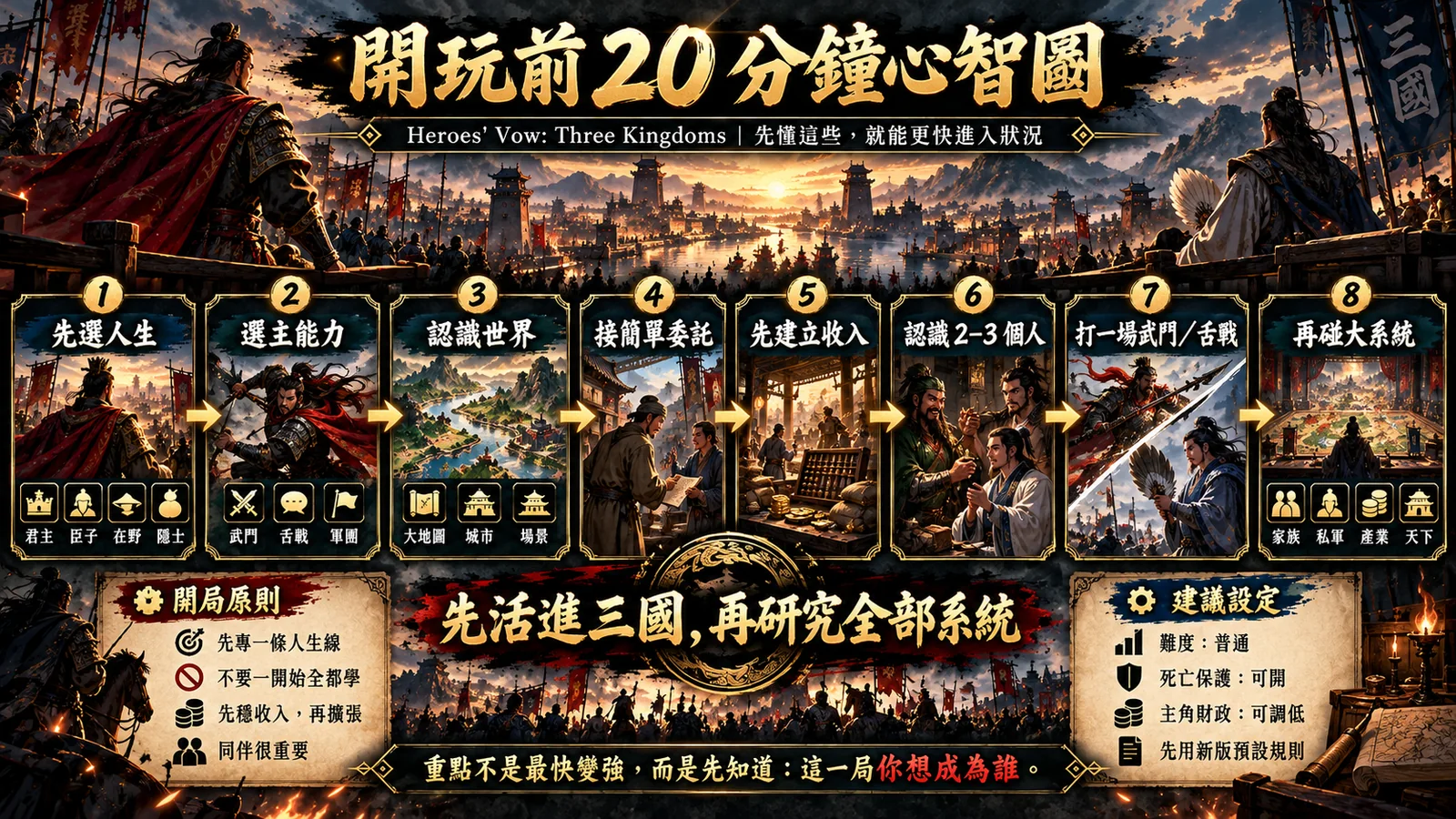 第一次開玩不用把全部系統學完。先選人生、主能力、理解三層世界,再從委託、收入與幾段人際關係開始。